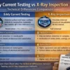Comparison chart of eddy current testing versus X-ray inspection methods for detecting manufacturing defects in pre-shipment quality control