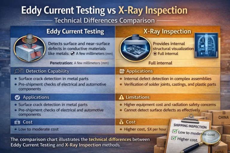 Comparison chart of eddy current testing versus X-ray inspection methods for detecting manufacturing defects in pre-shipment quality control