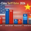 Comparison chart showing US-China tariff rates 2026: Section 301 (25%), Section 232 (50%), reciprocal (10%), and stacked total duty rates