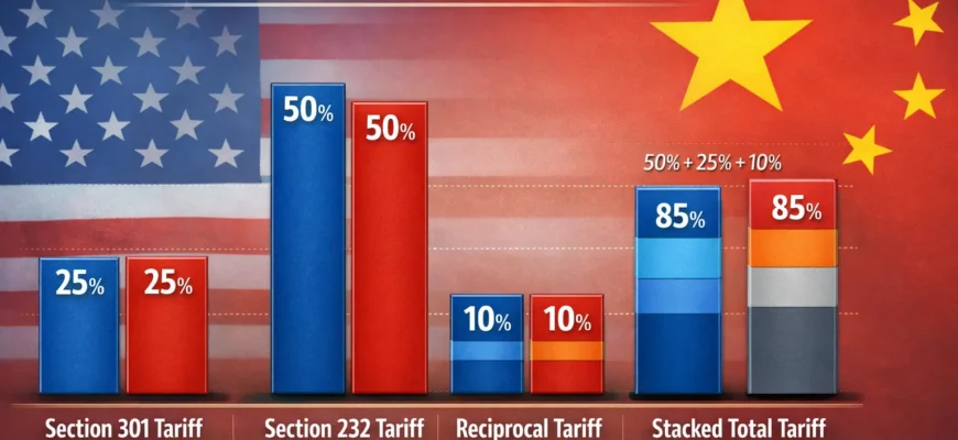 Comparison chart showing US-China tariff rates 2026: Section 301 (25%), Section 232 (50%), reciprocal (10%), and stacked total duty rates