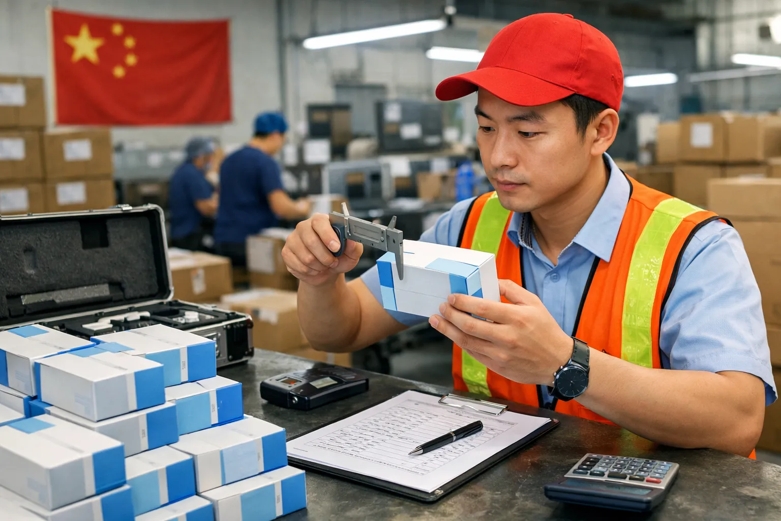 Инспектор проводит проверку качества товаров на фабрике в Китае, замеряет размеры коробки