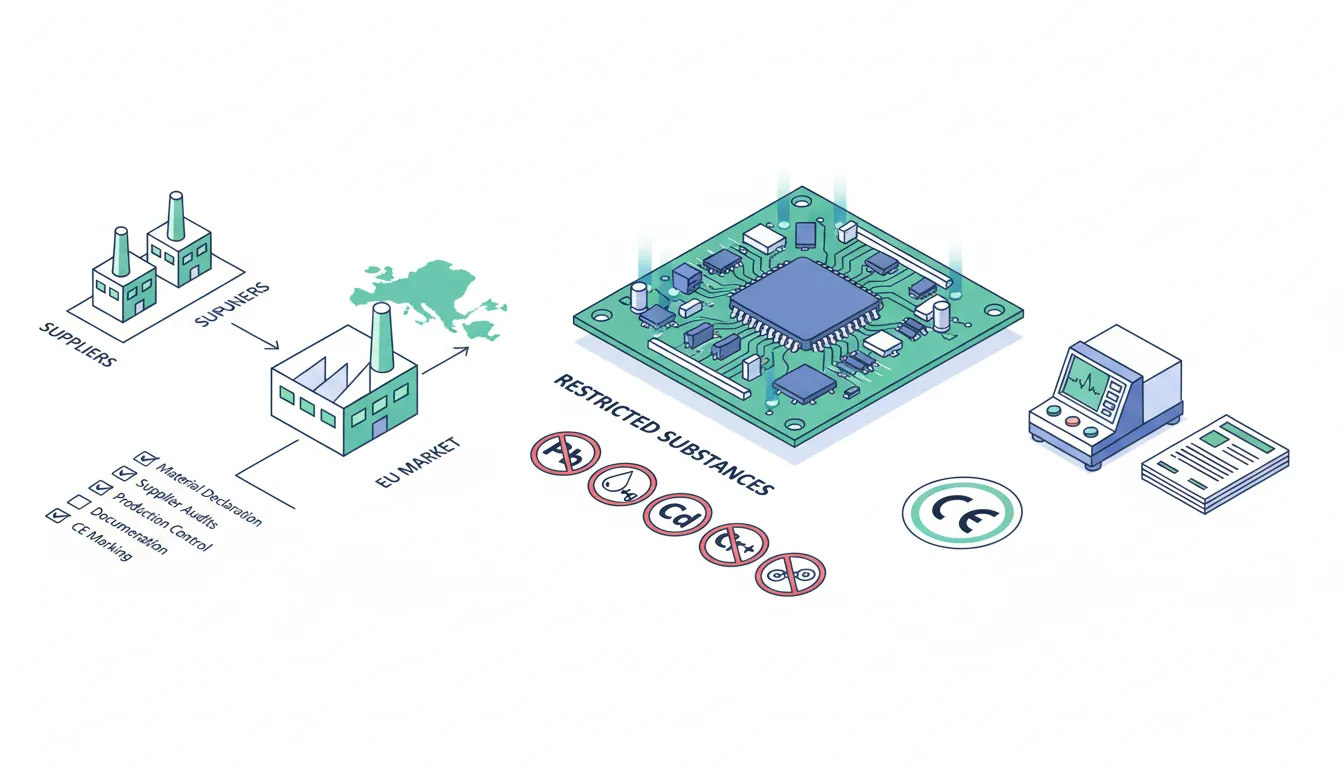 RoHS compliance process for electronics showing restricted substances, supply chain documentation and EU directive workflow