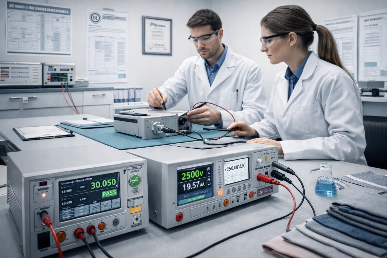 Electrical safety testing laboratory performing hi-pot and leakage current certification tests