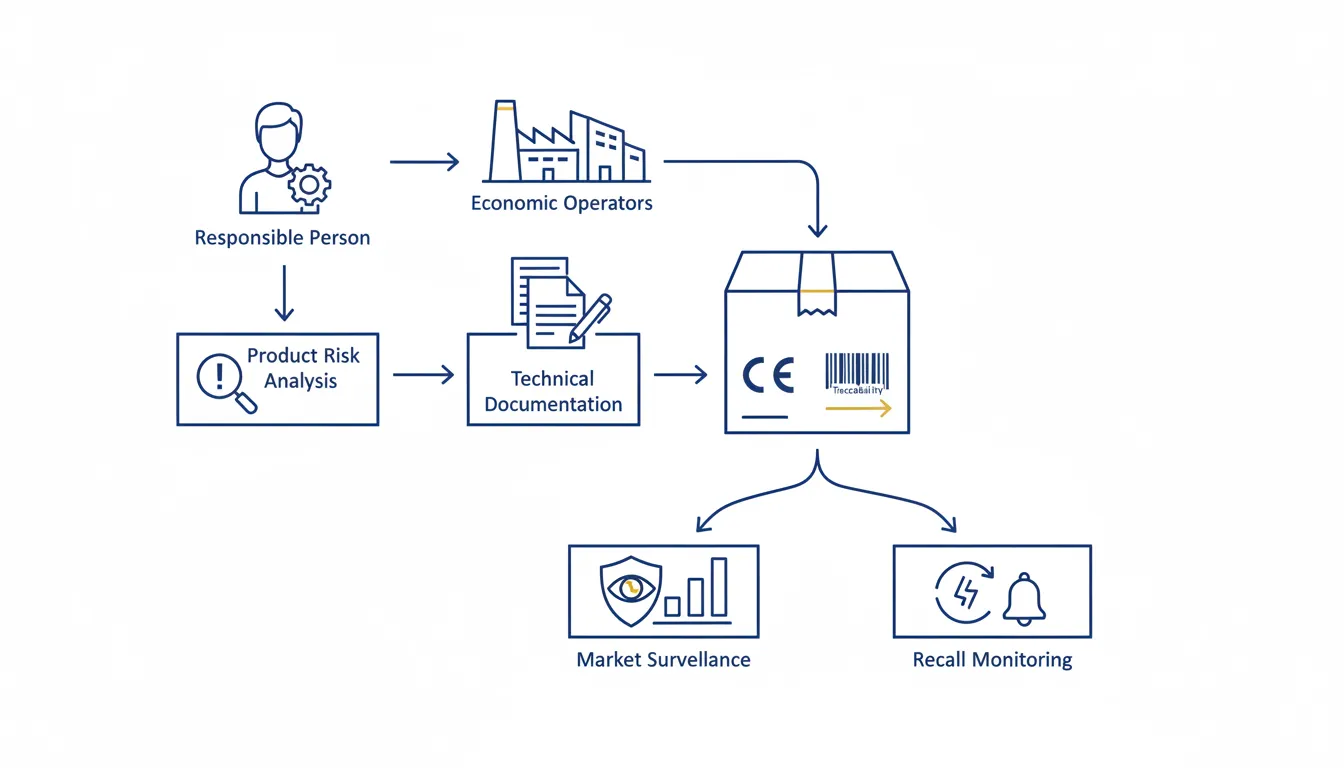 EU GPSR product safety compliance framework showing responsible person, risk analysis and market surveillance lifecycle