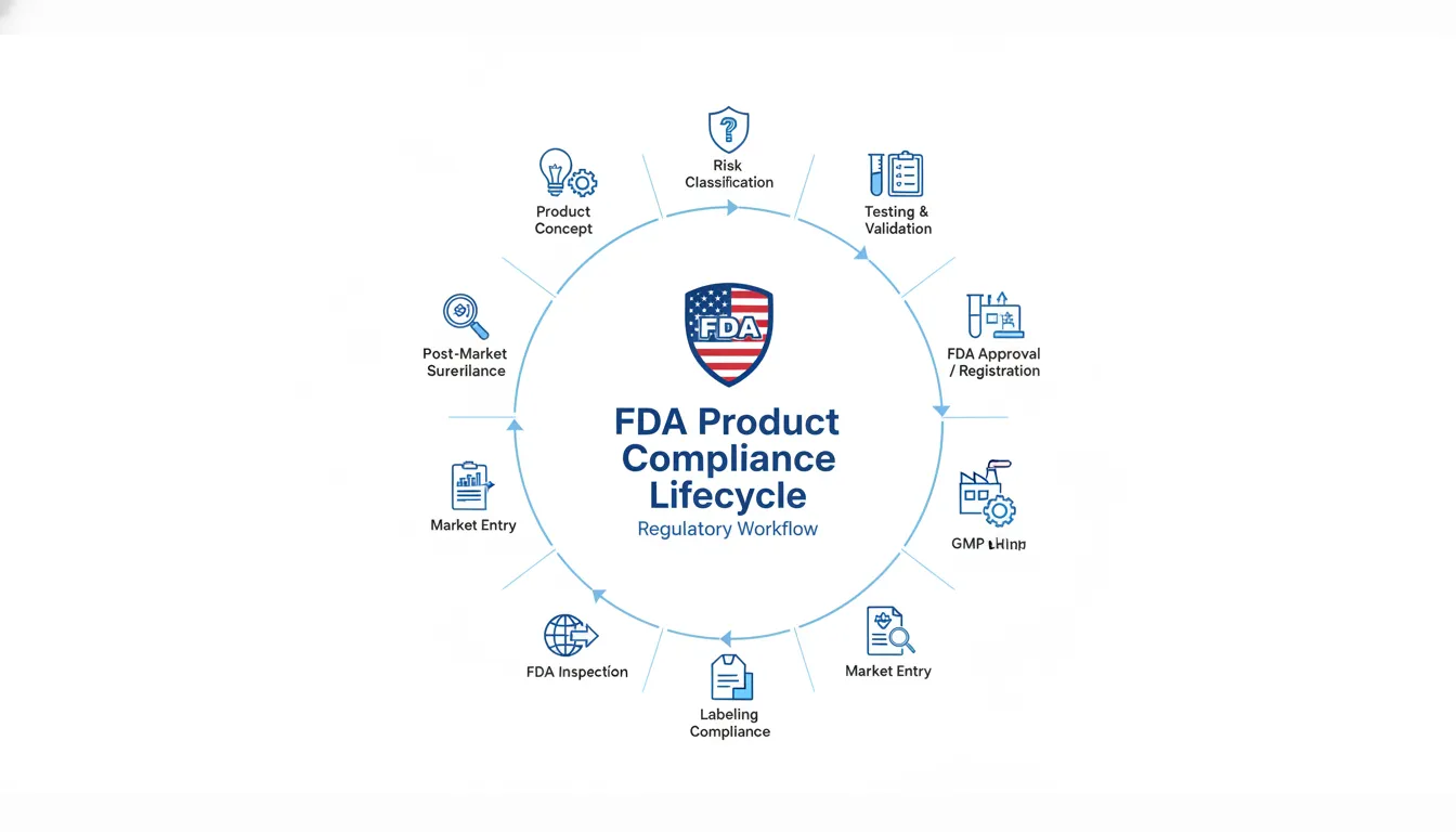 FDA compliance lifecycle diagram showing approval, registration, GMP, labeling, inspection, and post-market requirements for US regulated products