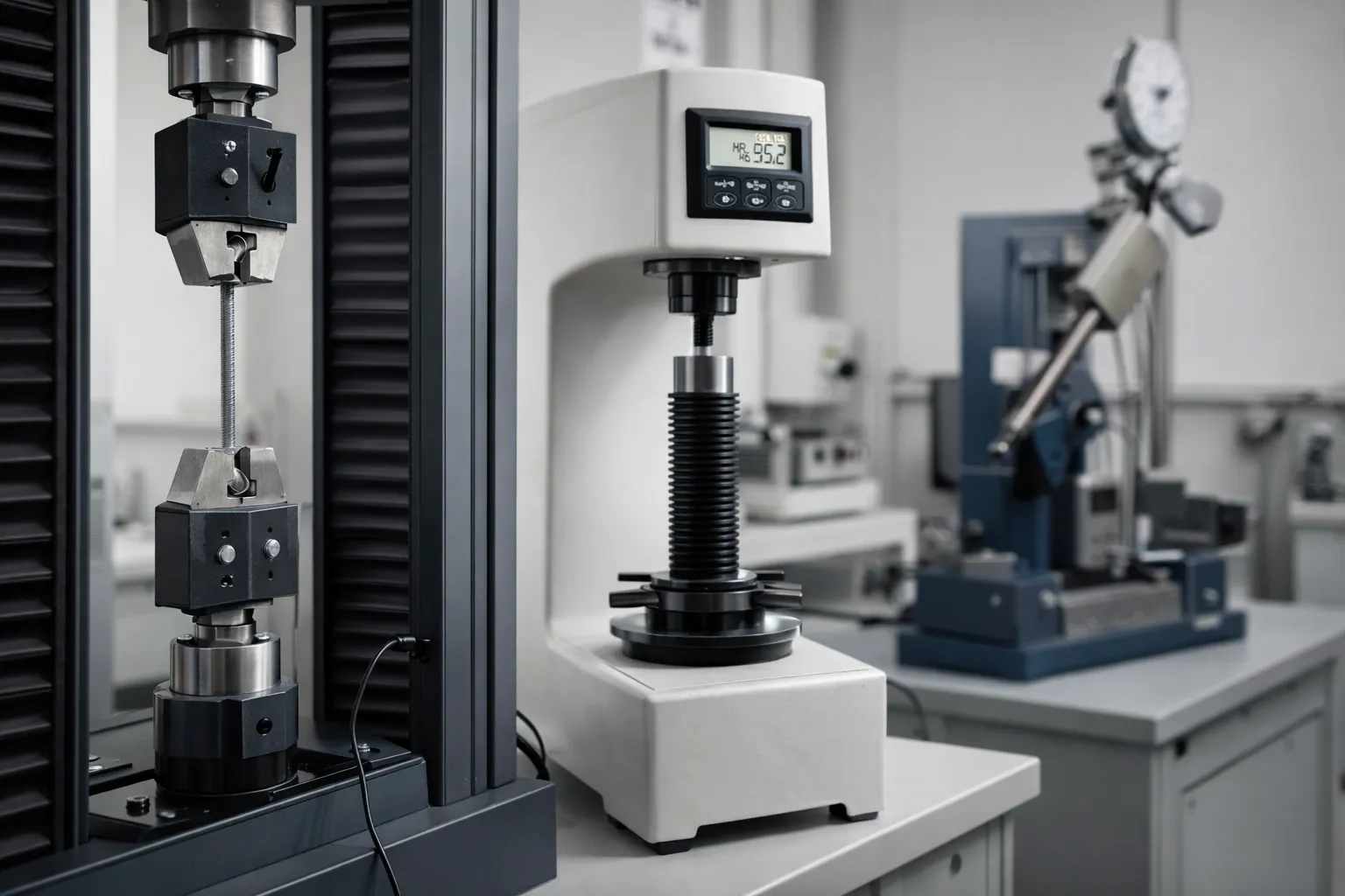 Material testing methods including tensile, hardness, and impact testing equipment in engineering laboratory
