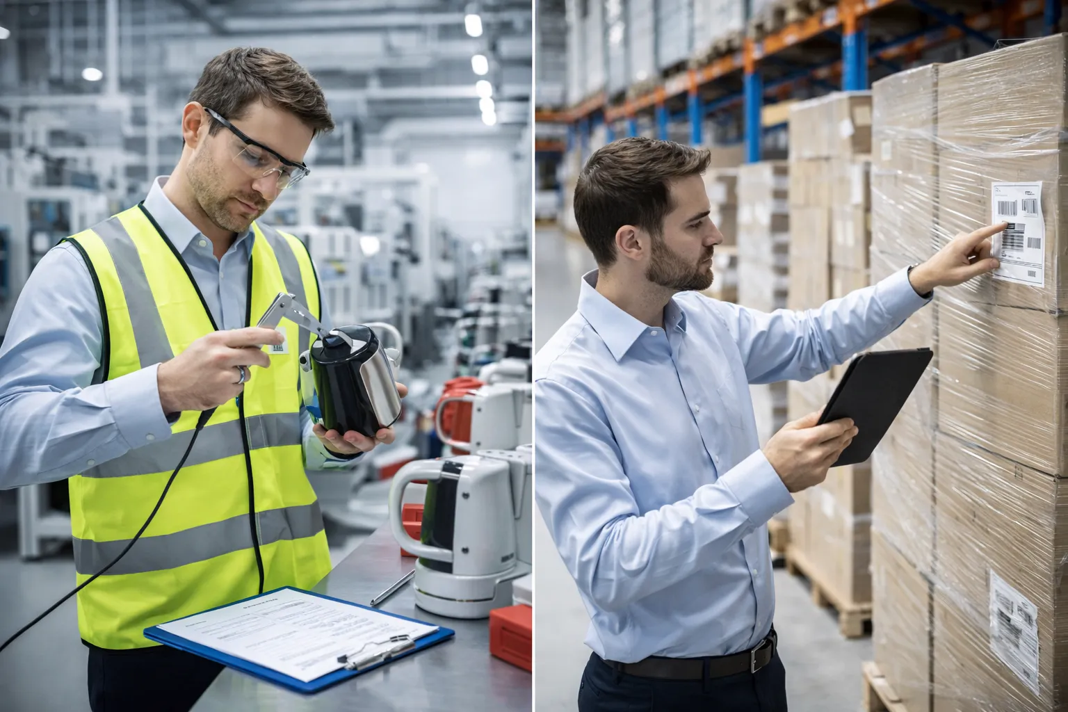 Quality control and product inspection in factory and warehouse environments with inspectors checking products and packaging