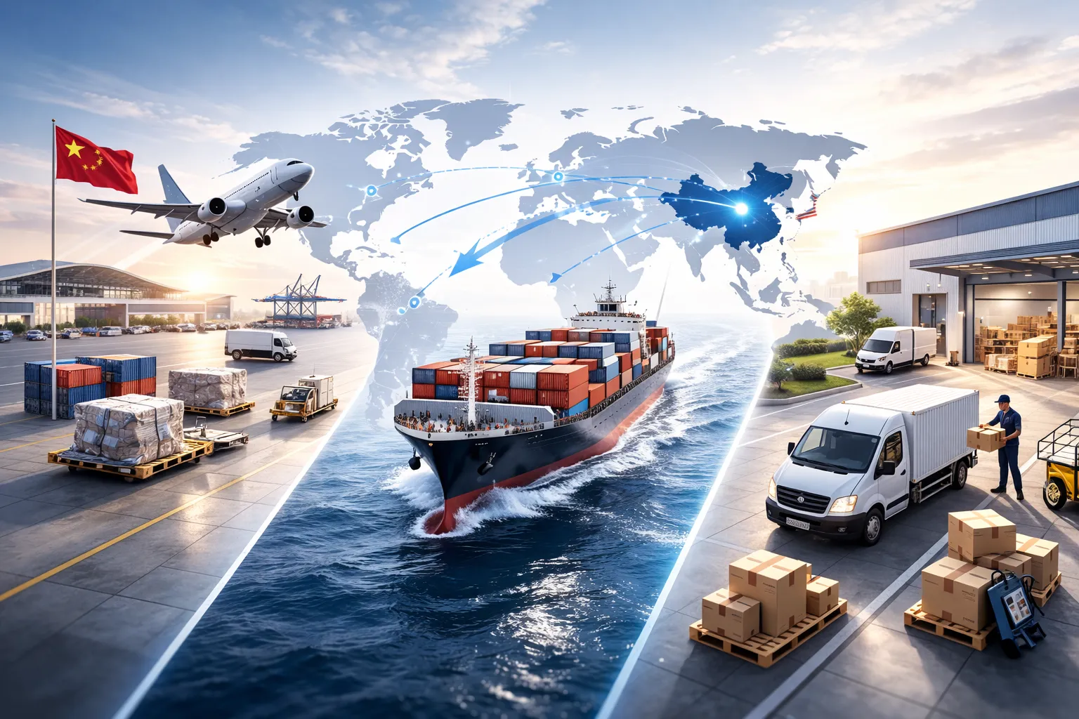 Air freight vs sea freight vs express shipping from China comparison infographic with plane, container ship, and courier delivery