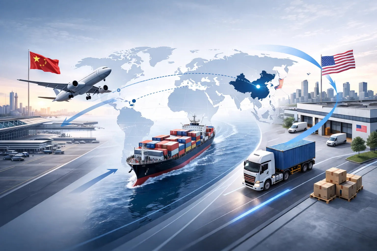Shipping from China to USA logistics routes by air freight and sea freight with transit times