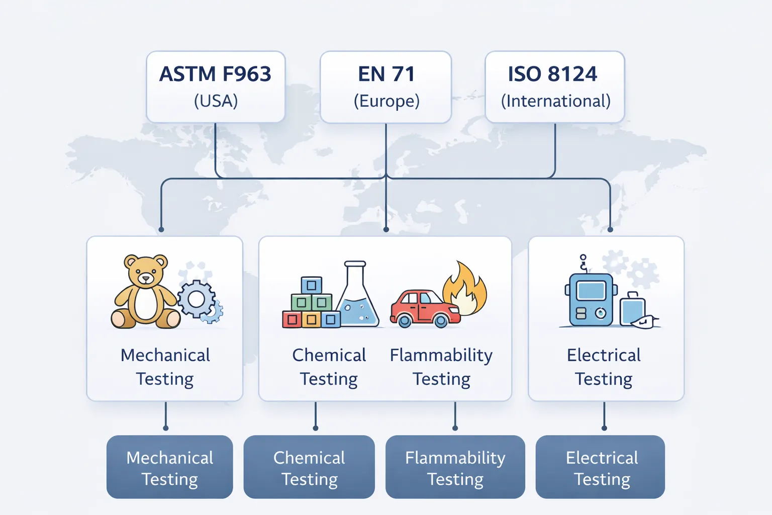 Global toy safety testing standards comparison ASTM F963 EN 71 ISO 8124 compliance diagram