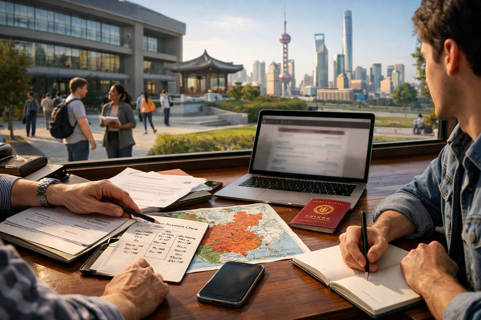 Студент планирует поступление в китайский университет: документы, ноутбук, карта Китая и сравнение стоимости обучения