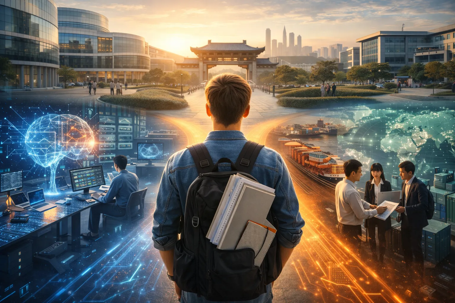 Иностранный студент выбирает востребованные специальности в Китае на фоне современного китайского университета и технологичных отраслей